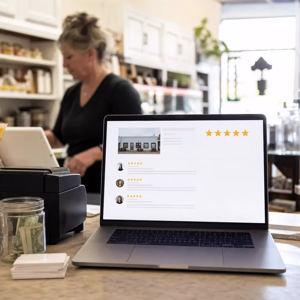 Laptop showing Google Business Profile reviews